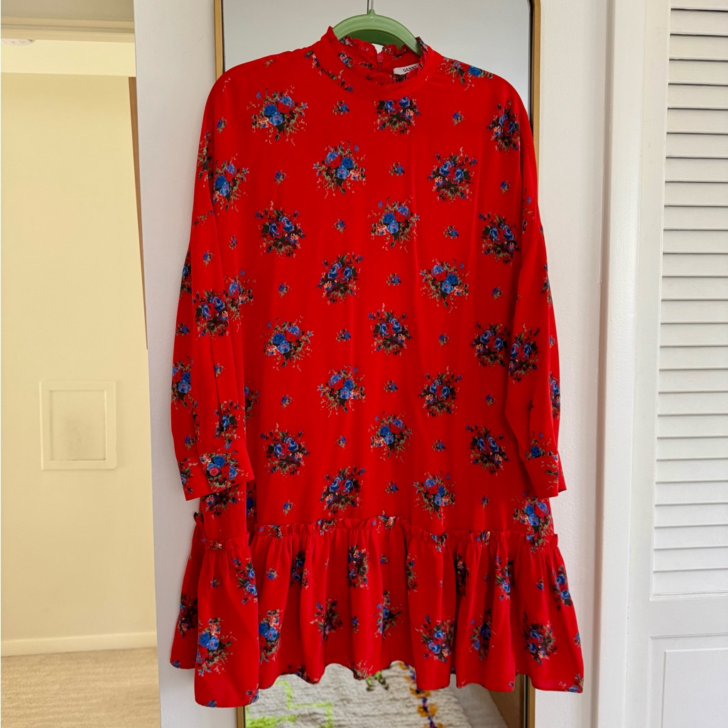 Ganni Kochhar Drop Waist Red Floral Silk Dress 36